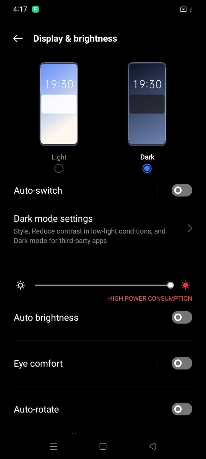 Display and brightness dark mode